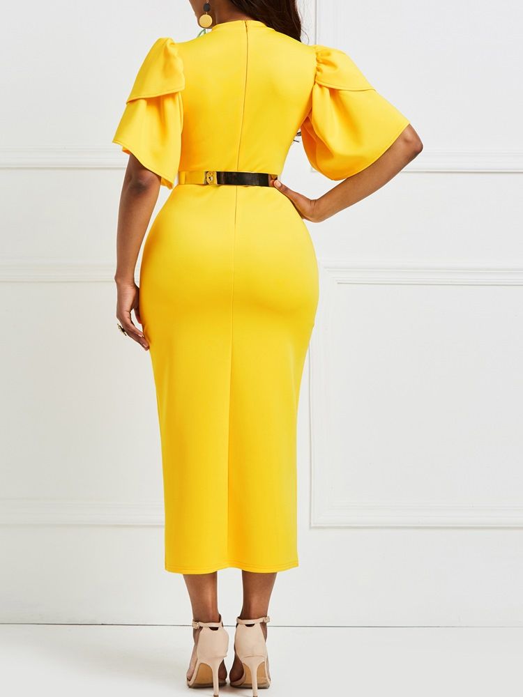 Gul Volangärm Patchwork Bodycon-Klänning (Utan Midjeband)