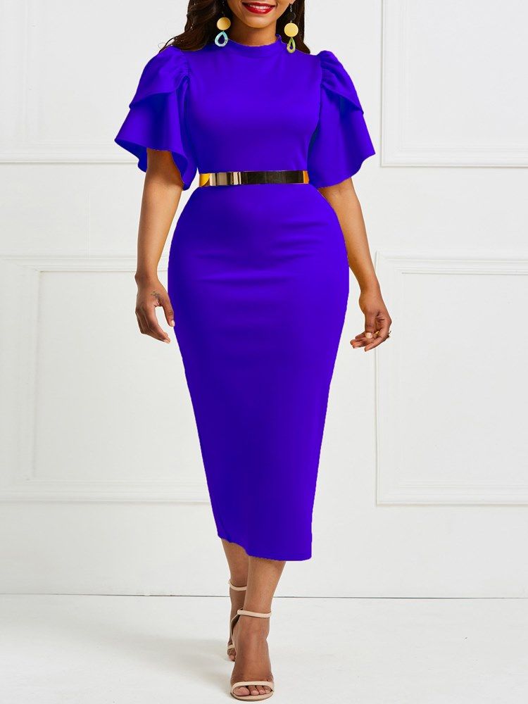 Gul Volangärm Patchwork Bodycon-Klänning (Utan Midjeband)