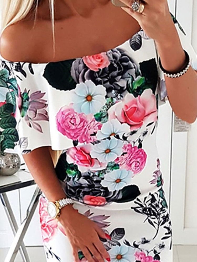 Halv Ärm Off Shoulder Print Mid Waist Vintage Klänning