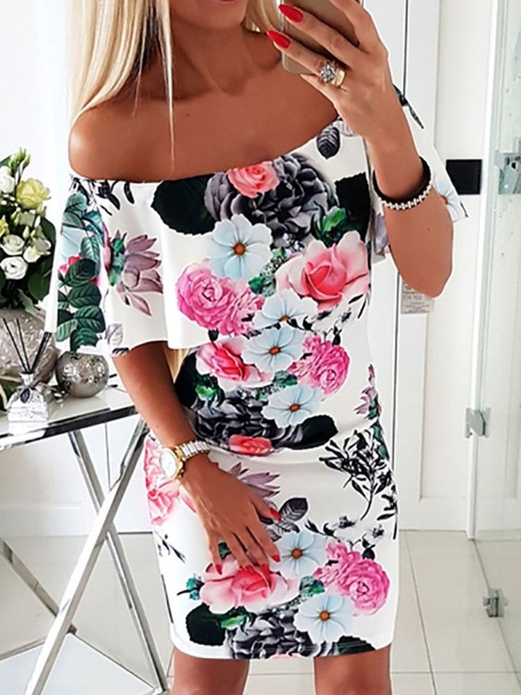 Halv Ärm Off Shoulder Print Mid Waist Vintage Klänning