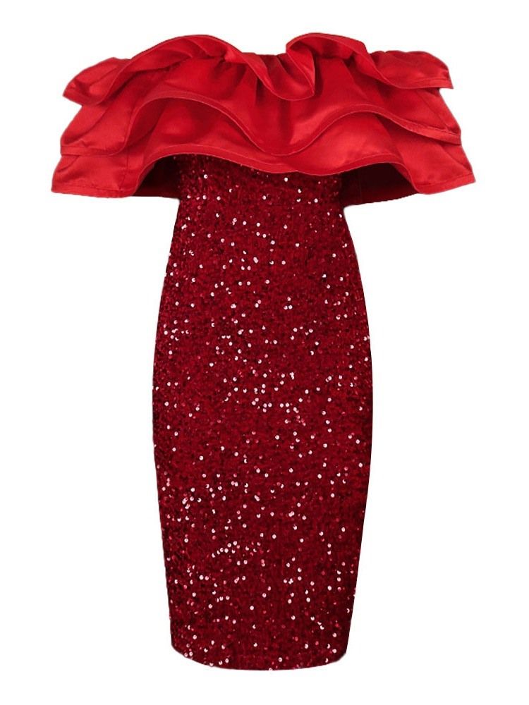 Halv Ärm Paljetter Mid-Kalv Volanger Ärm Fashion Bodycon Klänning