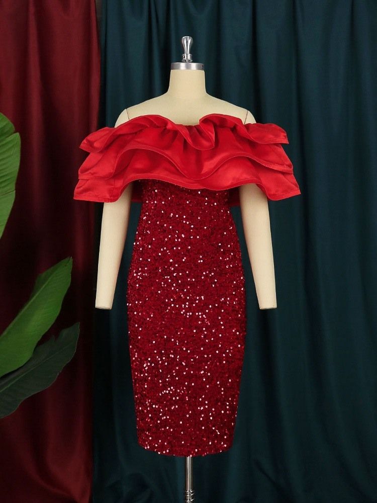 Halv Ärm Paljetter Mid-Kalv Volanger Ärm Fashion Bodycon Klänning