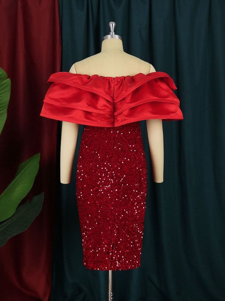 Halv Ärm Paljetter Mid-Kalv Volanger Ärm Fashion Bodycon Klänning