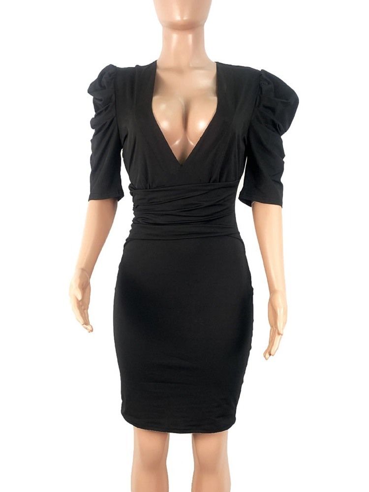 Halv Ärm Veckad V-Ringad Fashion Bodycon Klänning