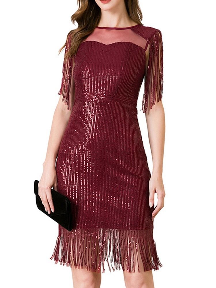 Halvärm Rund Hals Ovanför Knä Sommar Hög Midja Bodycon Klänning
