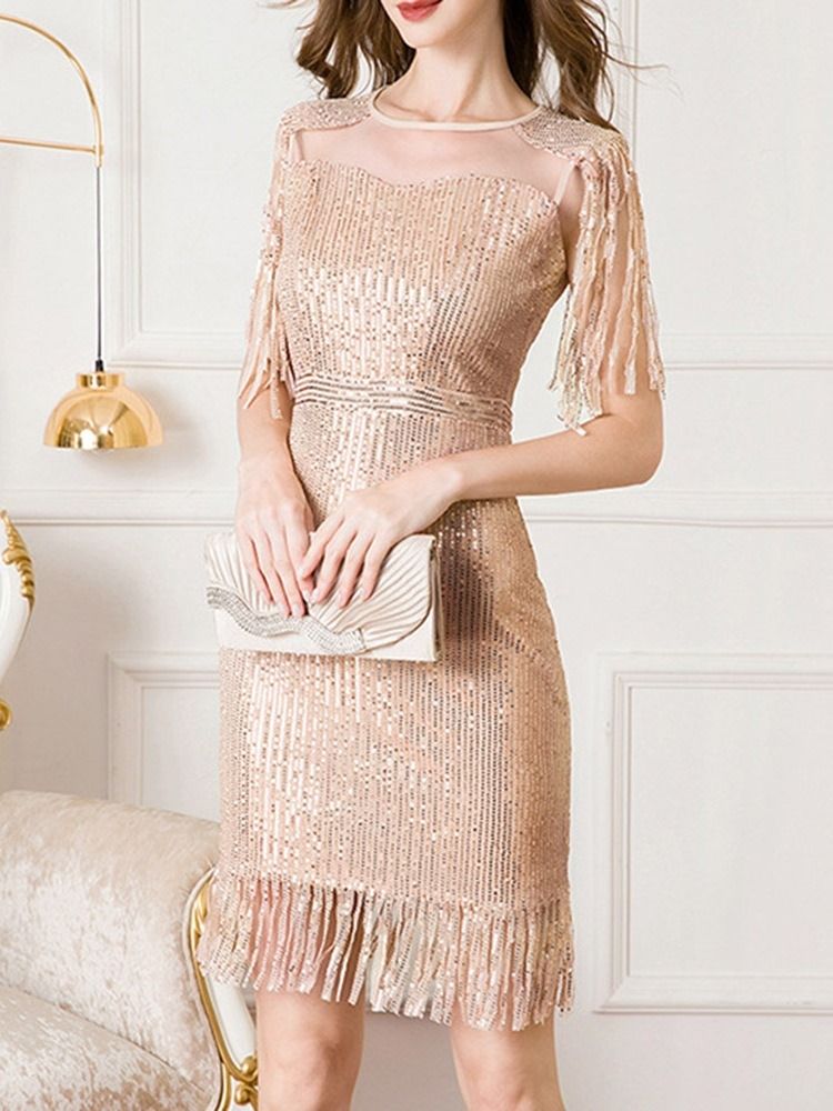 Halvärm Rund Hals Ovanför Knä Sommar Hög Midja Bodycon Klänning