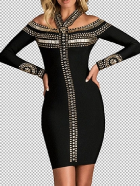 Hollow Above Knee Långärmad Pullover Bodycon Klänning