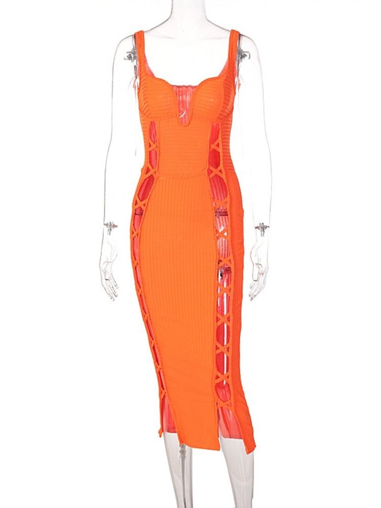 Hollow Mid-Calf Ärmlös Plain Bodycon Klänning
