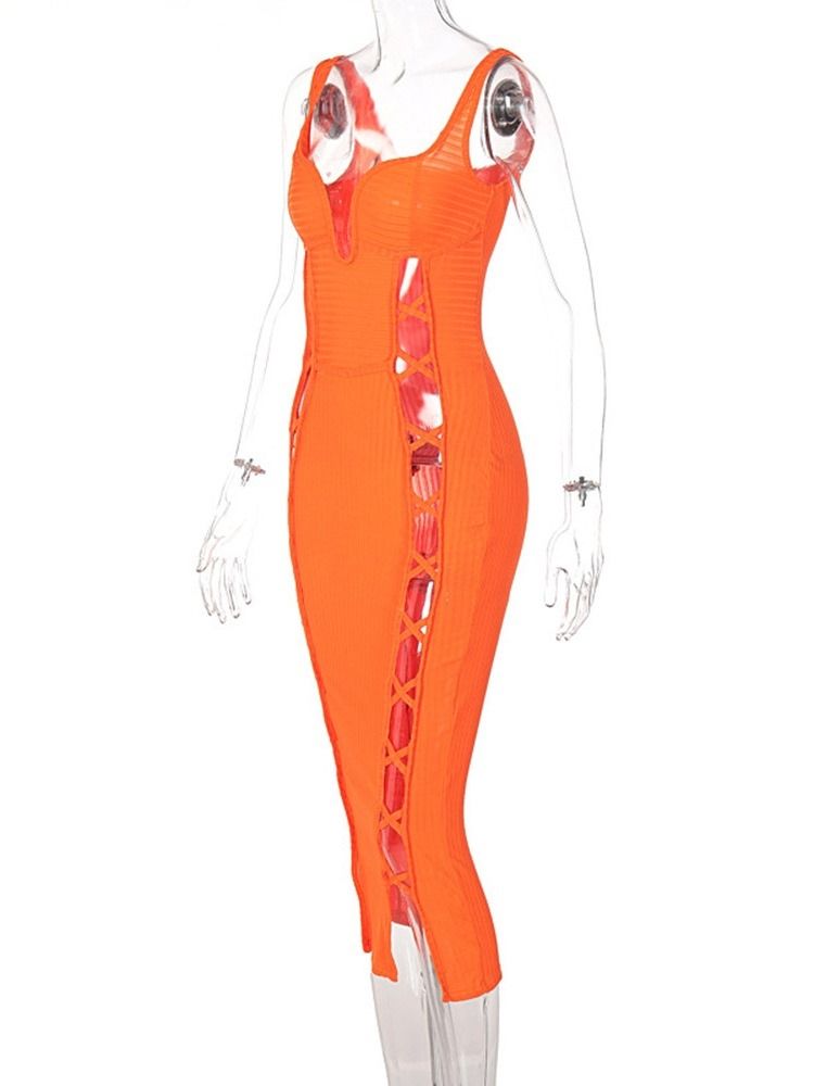 Hollow Mid-Calf Ärmlös Plain Bodycon Klänning