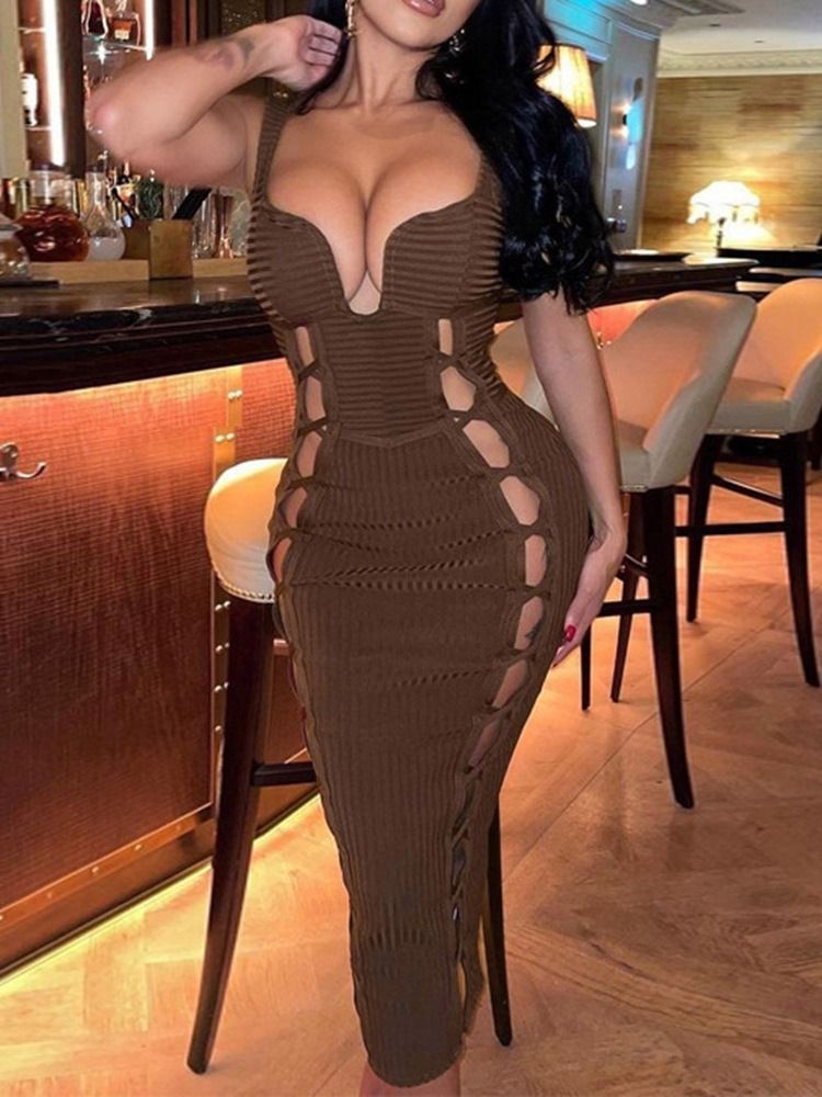 Hollow Mid-Calf Ärmlös Plain Bodycon Klänning
