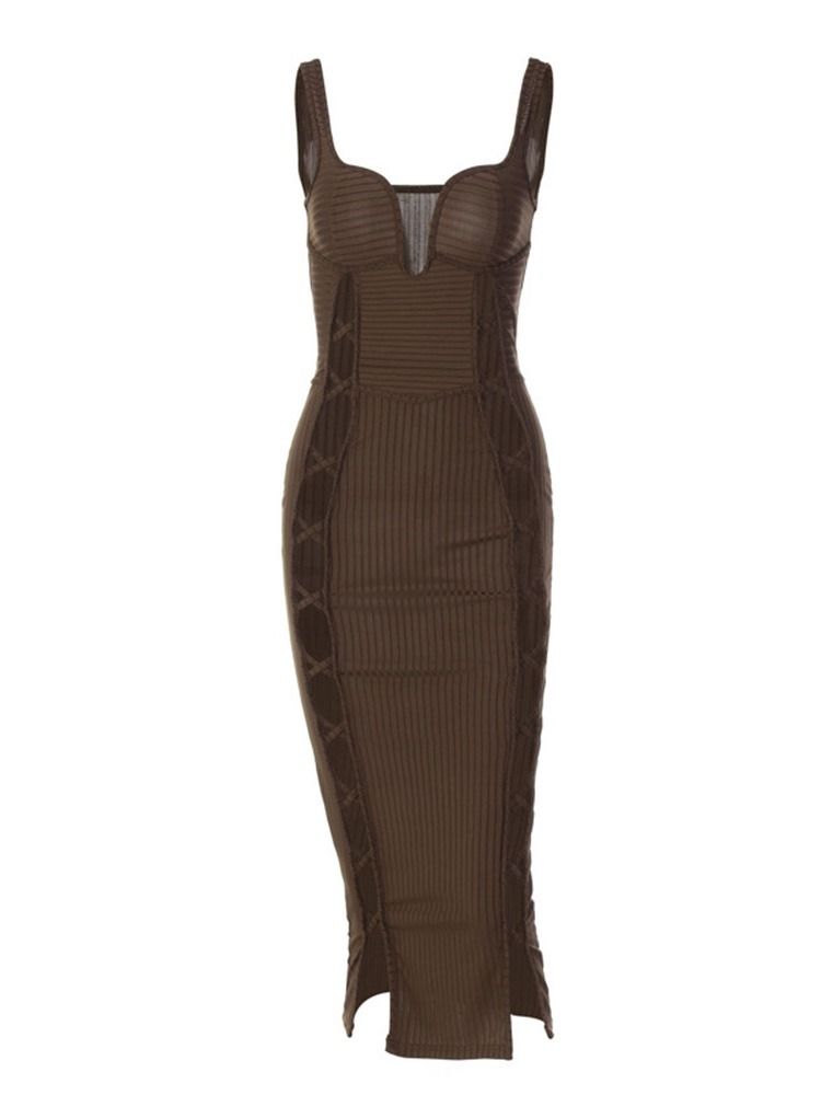 Hollow Mid-Calf Ärmlös Plain Bodycon Klänning