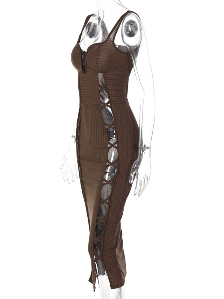 Hollow Mid-Calf Ärmlös Plain Bodycon Klänning