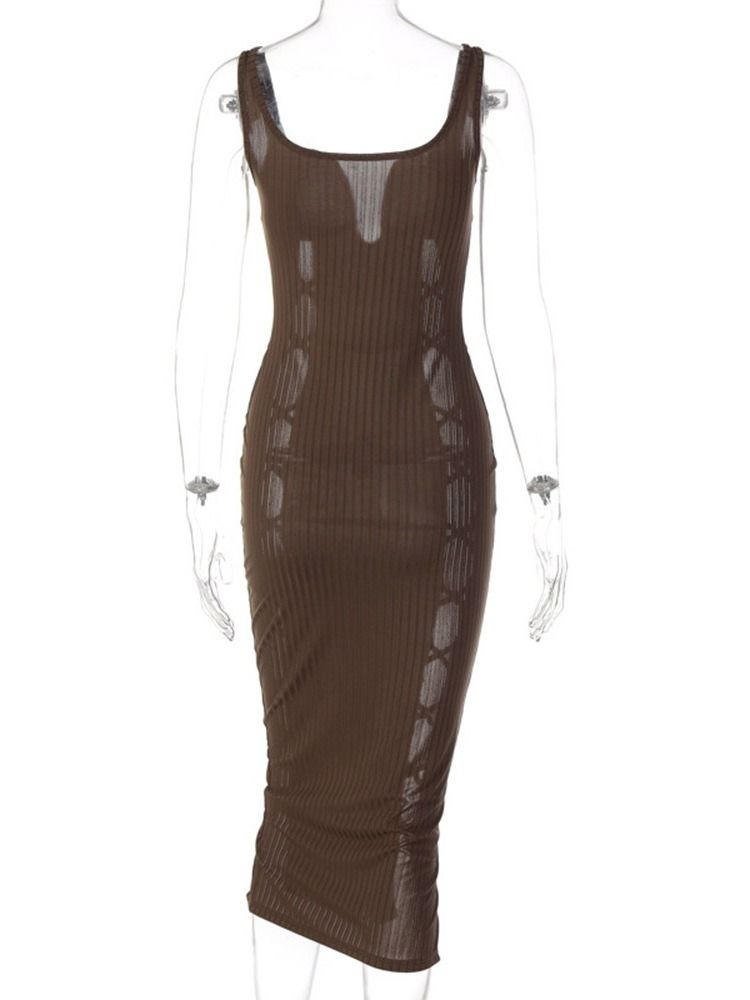 Hollow Mid-Calf Ärmlös Plain Bodycon Klänning
