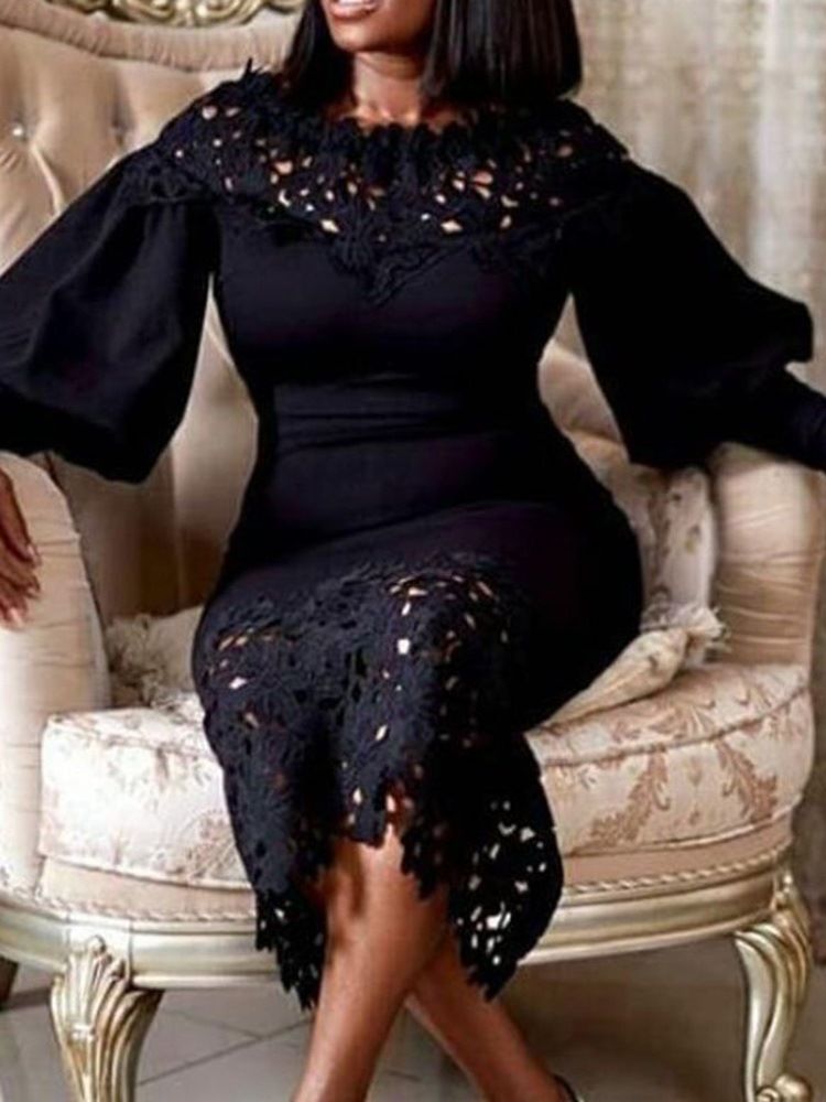 Hollow Mid-Calf Långärmad Bodycon Maxi Lace Klänning