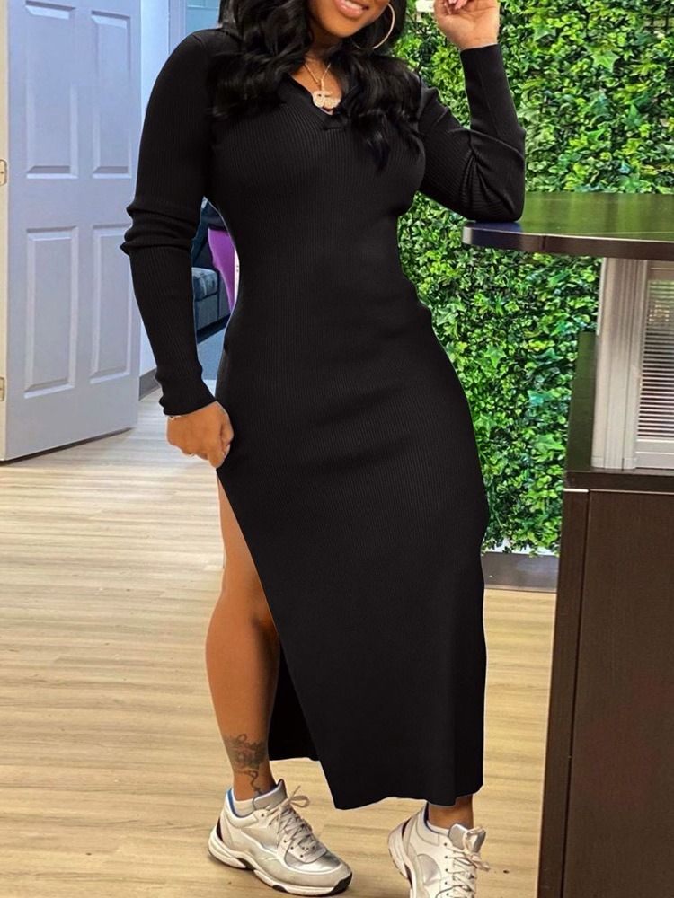 Hooded Långärmad Split Regular Plain Bodycon Klänning
