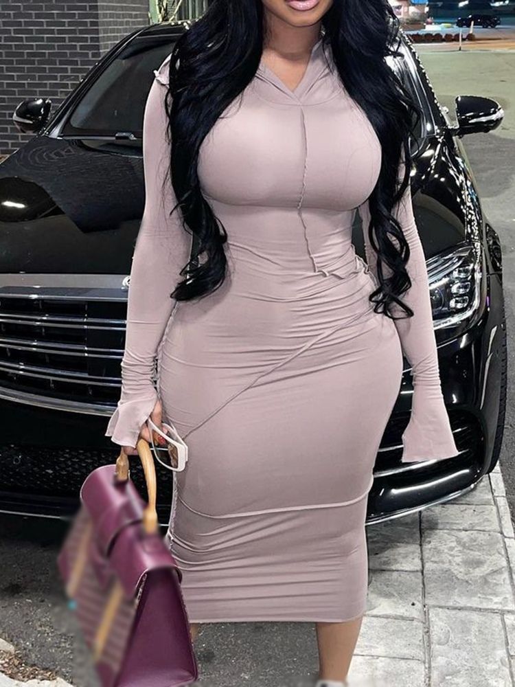 Hooded Mid-Calf Långärmad Bodycon Höstklänning