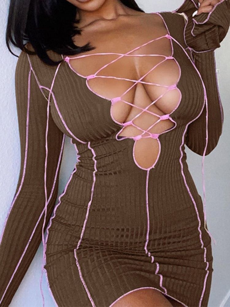 Ihålig Långärmad Ovanför Knä Mid Midja Color Block Bodycon Klänning