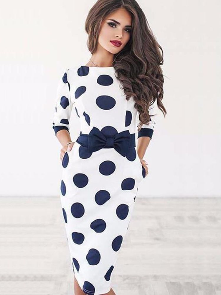 Knälång Bowknot Polka Dot Bodycon Klänning