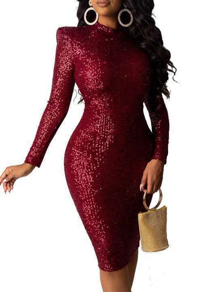 Knälång Långärmad Paljetter Bodycon Vanlig Klänning