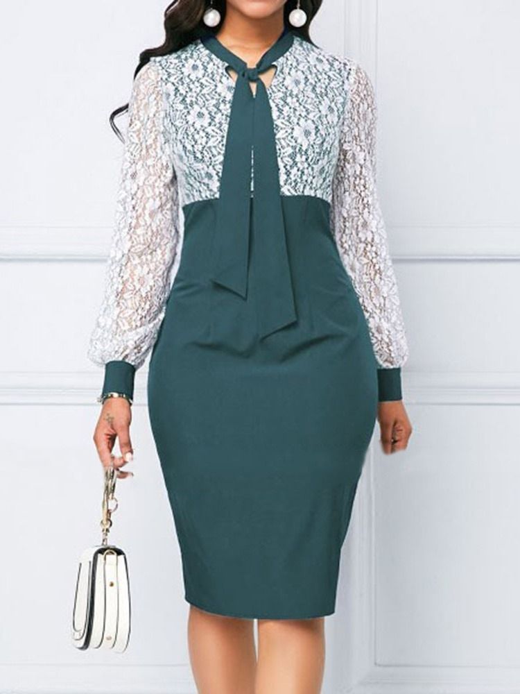 Knälång Lapptäcke Långärmad Bodycon-Klänning