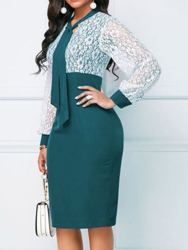 Knälång Lapptäcke Långärmad Bodycon-Klänning