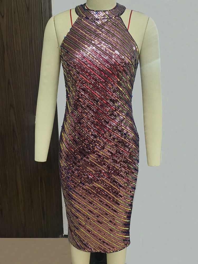 Knälånga Paljetter Ärmlös Mid Midja Sommar Bodycon Klänning