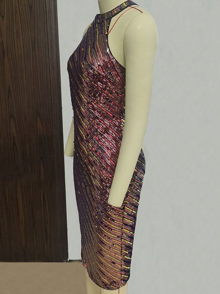 Knälånga Paljetter Ärmlös Mid Midja Sommar Bodycon Klänning