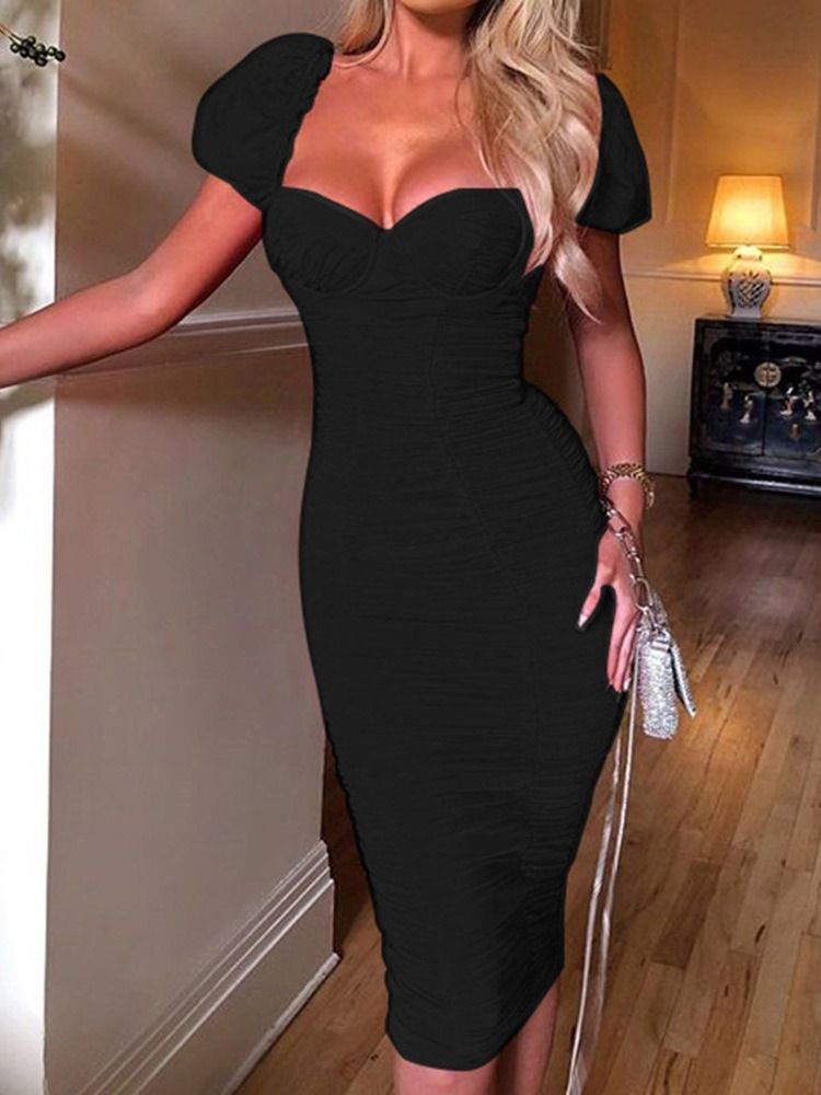 Kortärmad Dragkedja Mid-Calf Sexig Plain Bodycon Klänning
