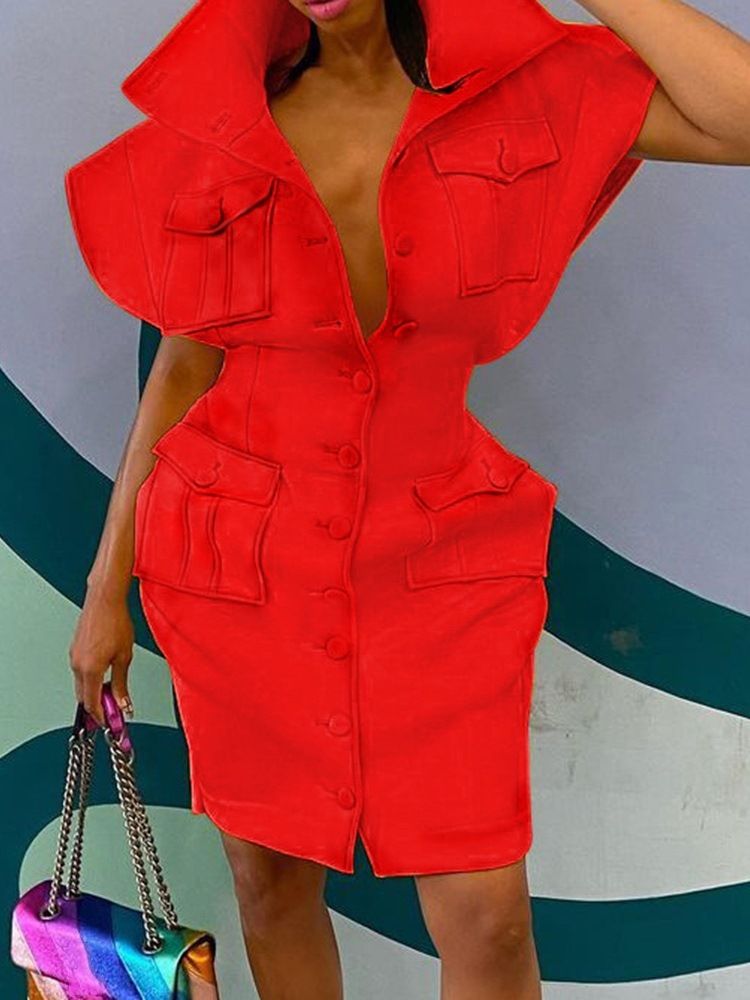 Kortärmad Knapp Ovanför Knä Dam Bodycon Enkel Klänning