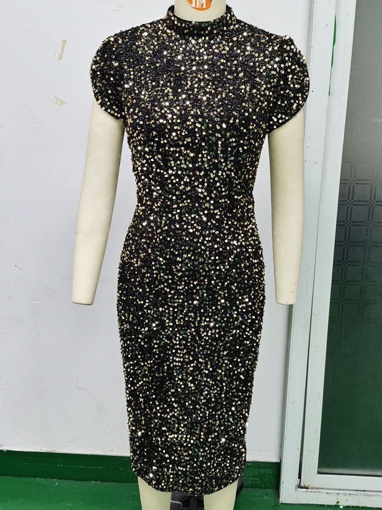 Kortärmad Mid-Calf Paljetter Bodycon Pullover Bodycon Klänning