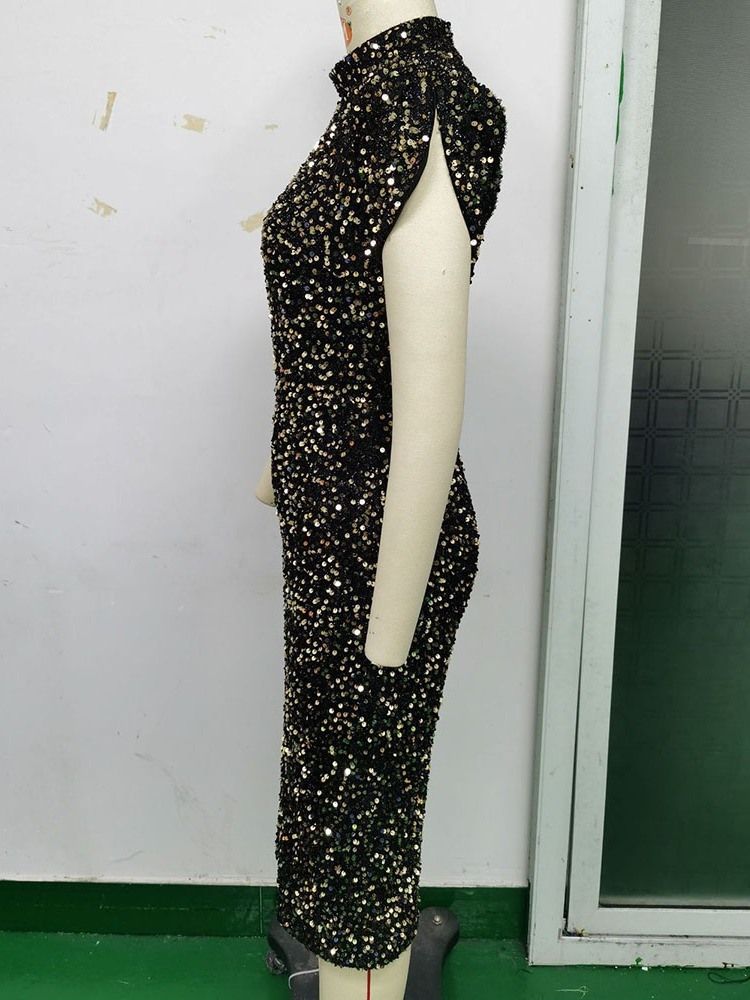 Kortärmad Mid-Calf Paljetter Bodycon Pullover Bodycon Klänning