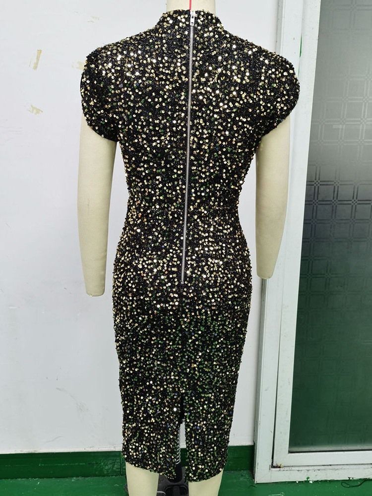 Kortärmad Mid-Calf Paljetter Bodycon Pullover Bodycon Klänning