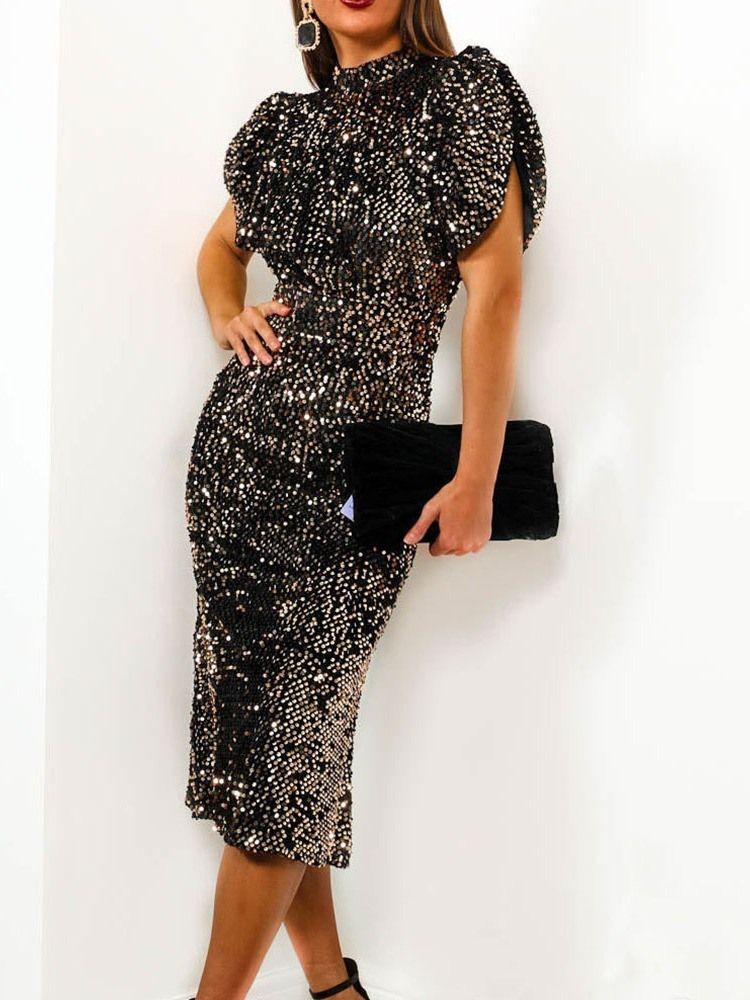 Kortärmad Mid-Calf Paljetter Bodycon Pullover Bodycon Klänning