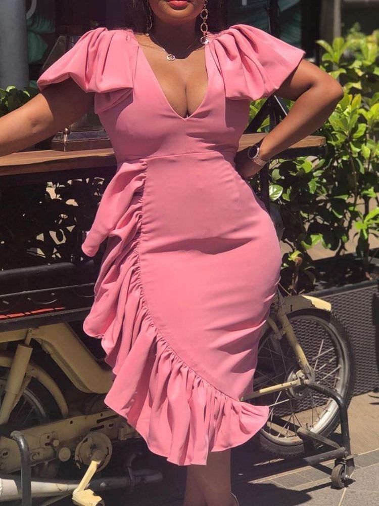 Kortärmad Mid-Kalv V-Ringad Tröja Sweet Klänning Bodycon Klänning