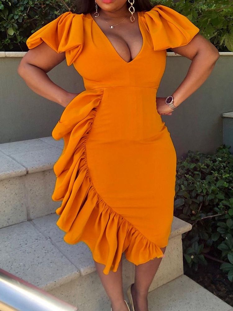 Kortärmad Mid-Kalv V-Ringad Tröja Sweet Klänning Bodycon Klänning