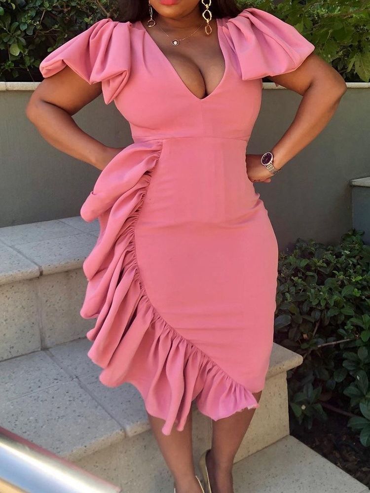 Kortärmad Mid-Kalv V-Ringad Tröja Sweet Klänning Bodycon Klänning