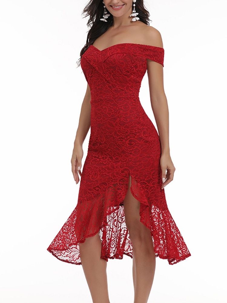 Kortärmad Off Shoulder Mid-Calf Western Klänning Med Hög Midja