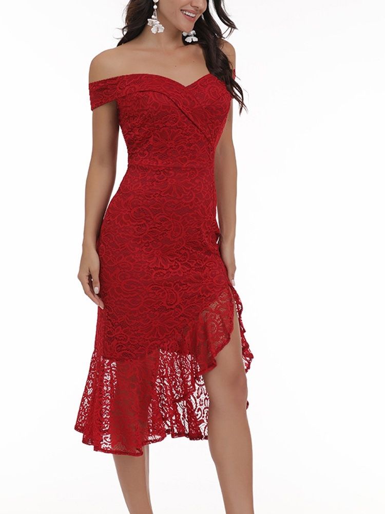 Kortärmad Off Shoulder Mid-Calf Western Klänning Med Hög Midja