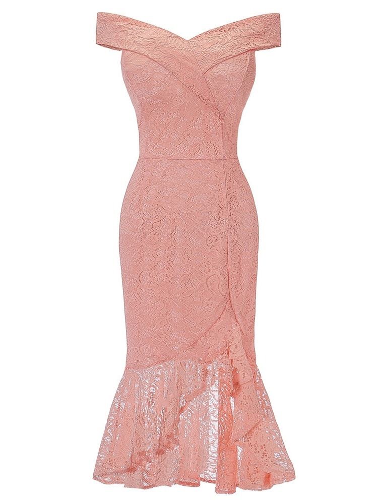 Kortärmad Off Shoulder Mid-Calf Western Klänning Med Hög Midja