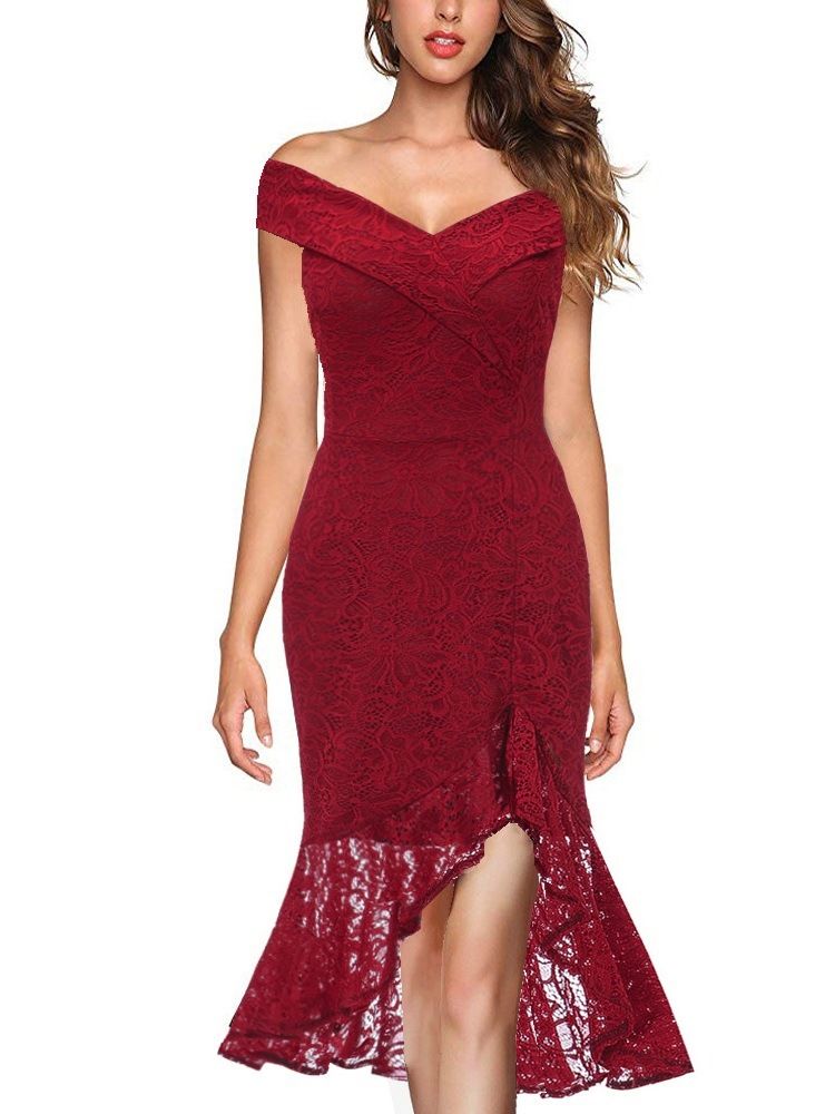 Kortärmad Off Shoulder Mid-Calf Western Klänning Med Hög Midja
