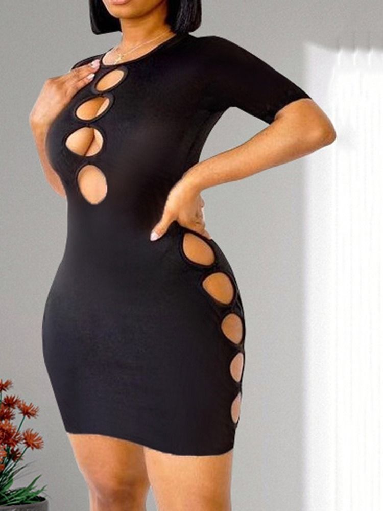 Kortärmad Ovanför Knäet Ihålig Sexig Enfärgad Bodycon-Klänning