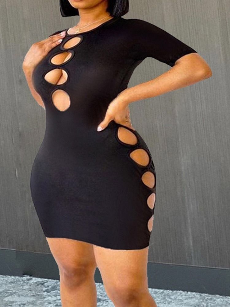 Kortärmad Ovanför Knäet Ihålig Sexig Enfärgad Bodycon-Klänning