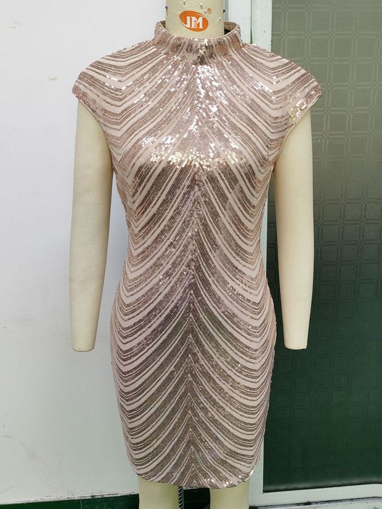 Kortärmad Paljetter Stativ Krage Pullover Mode Bodycon Klänning