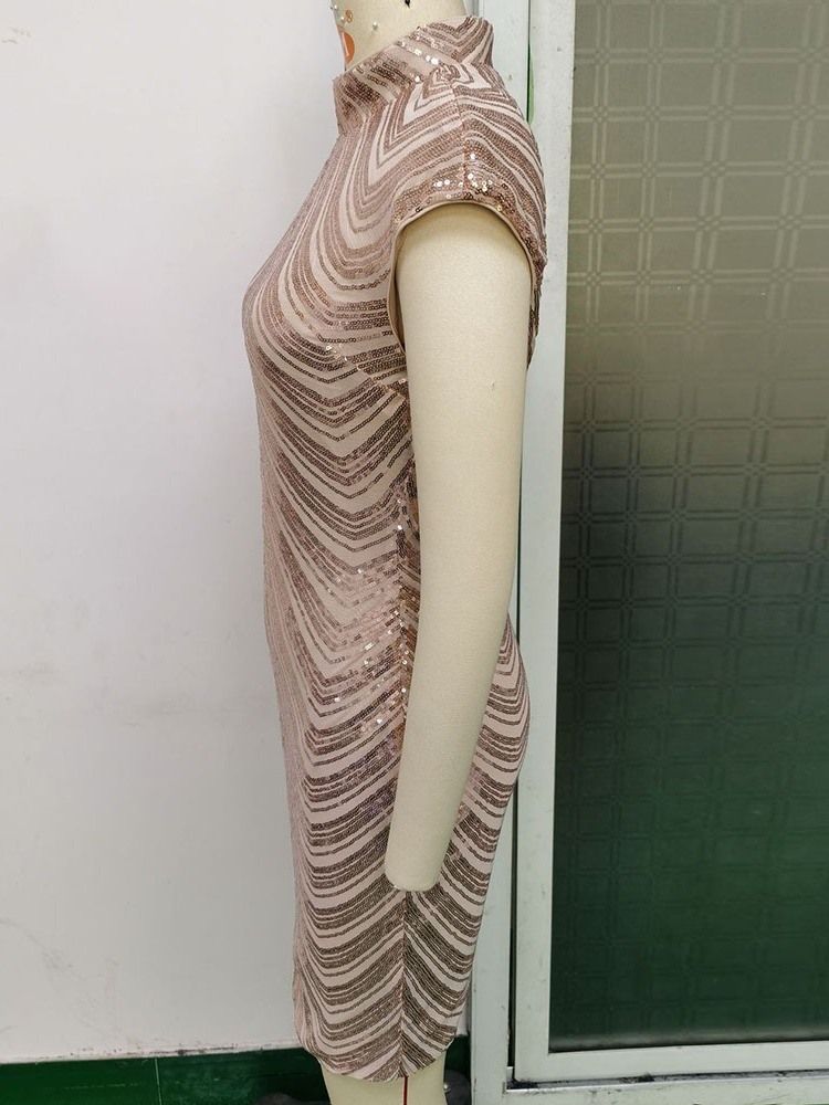 Kortärmad Paljetter Stativ Krage Pullover Mode Bodycon Klänning