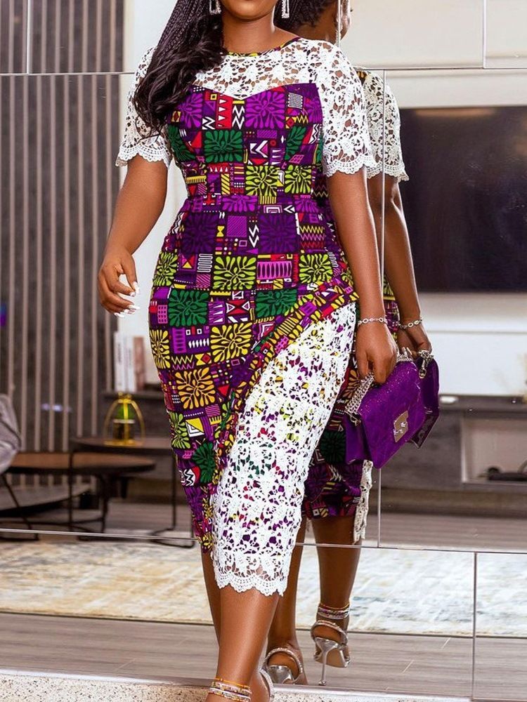 Kortärmad Patchwork Mid-Calf Fashion Bodycon Klänning