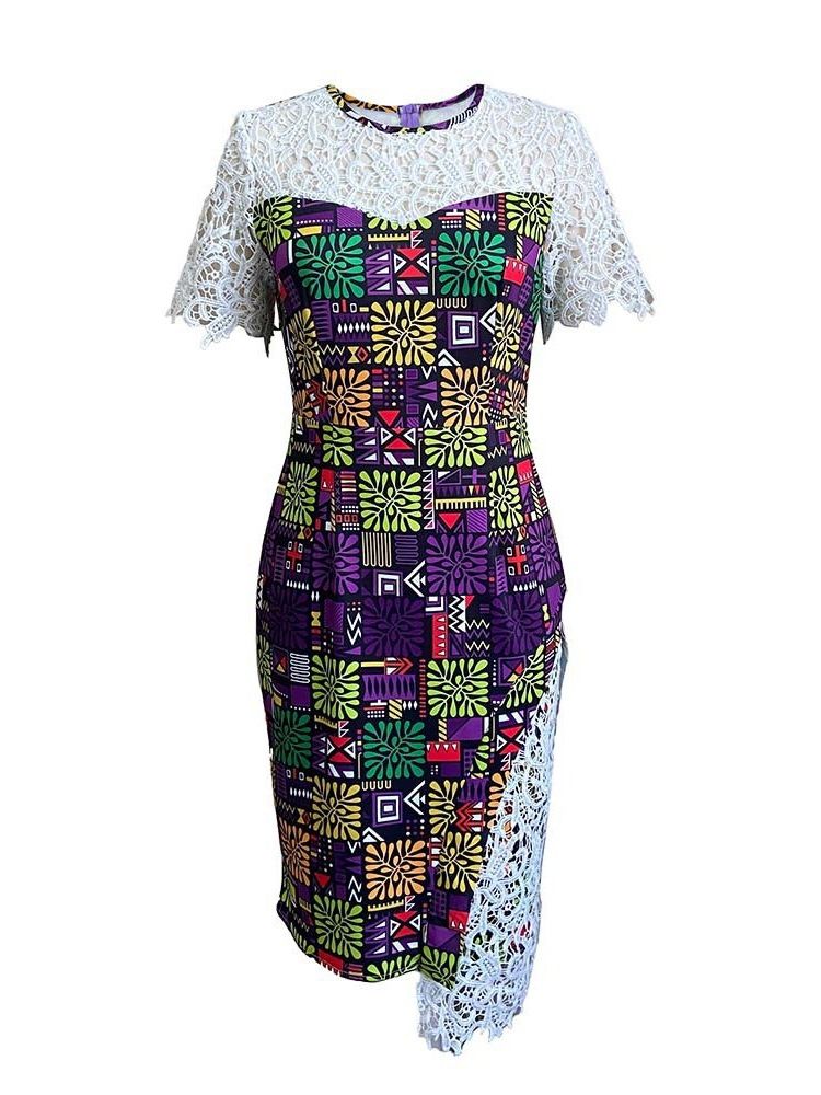 Kortärmad Patchwork Mid-Calf Fashion Bodycon Klänning