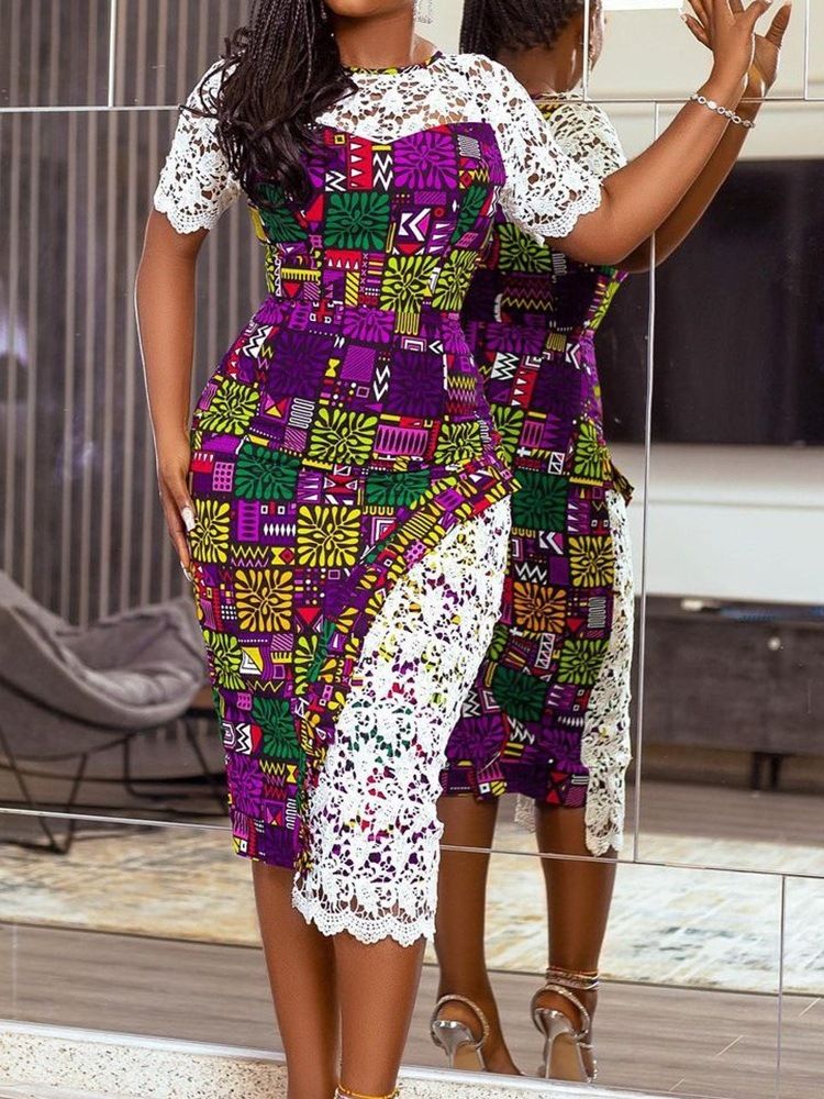 Kortärmad Patchwork Mid-Calf Fashion Bodycon Klänning