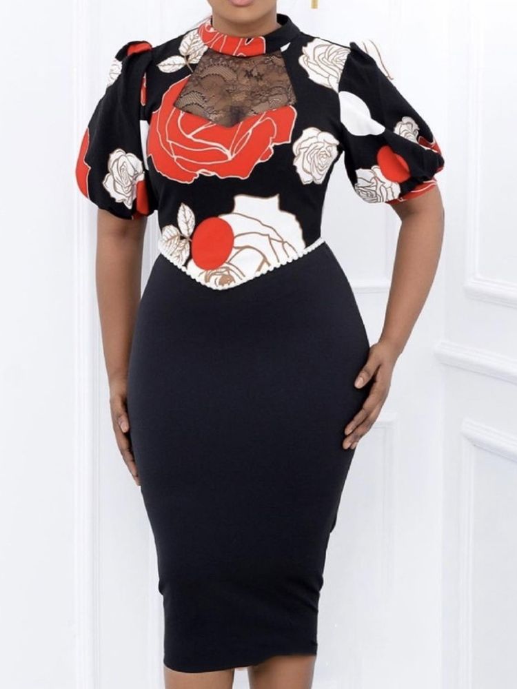 Kortärmad Stativkrage Split Color Block Bodycon Klänning