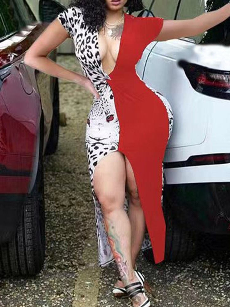 Kortärmad V-Ringad Golvlång Vanlig Hög Midja Bodycon-Klänning