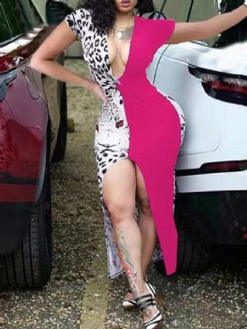 Kortärmad V-Ringad Golvlång Vanlig Hög Midja Bodycon-Klänning